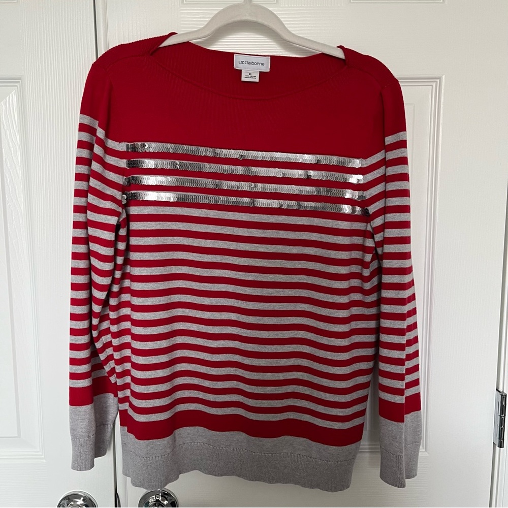 Liz Claiborne Red and Gray Striped Sweater